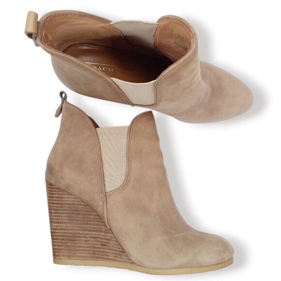Coach Farah Ankle Boots Oiled Leather Size 10B Taupe Beige Wedge ASO Teen Wolf - Picture 1 of 13